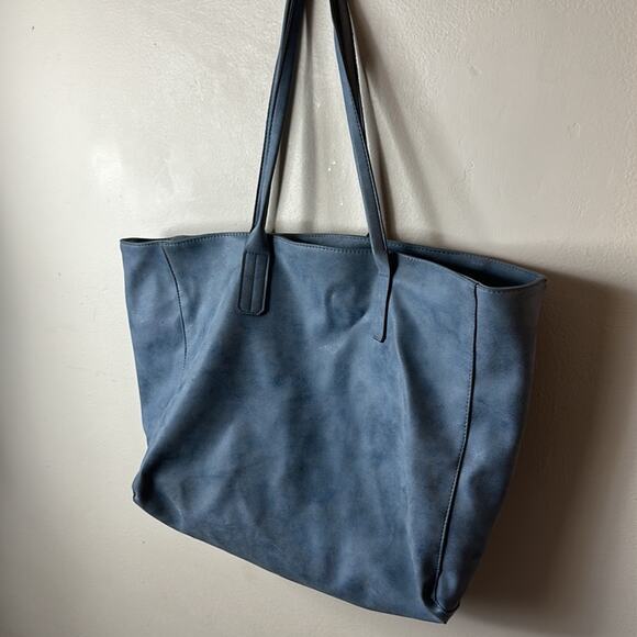 Saks Fifth Avenue Open Shopping Tote Faux Leather/Suede Blue Shoulder Bag 21x15 - Picture 3 of 13